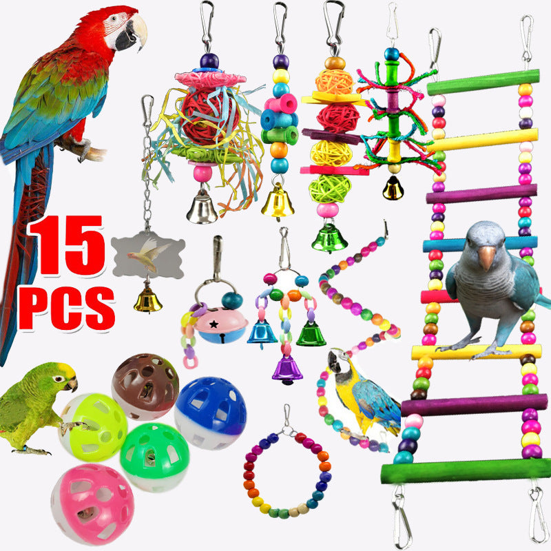 Parrot Parakeet Combination Toy 15-Piece Set or 13-Piece Set Wooden Bead Rotating Ladder Swing Stand Wooden Ladder Chewing Toy